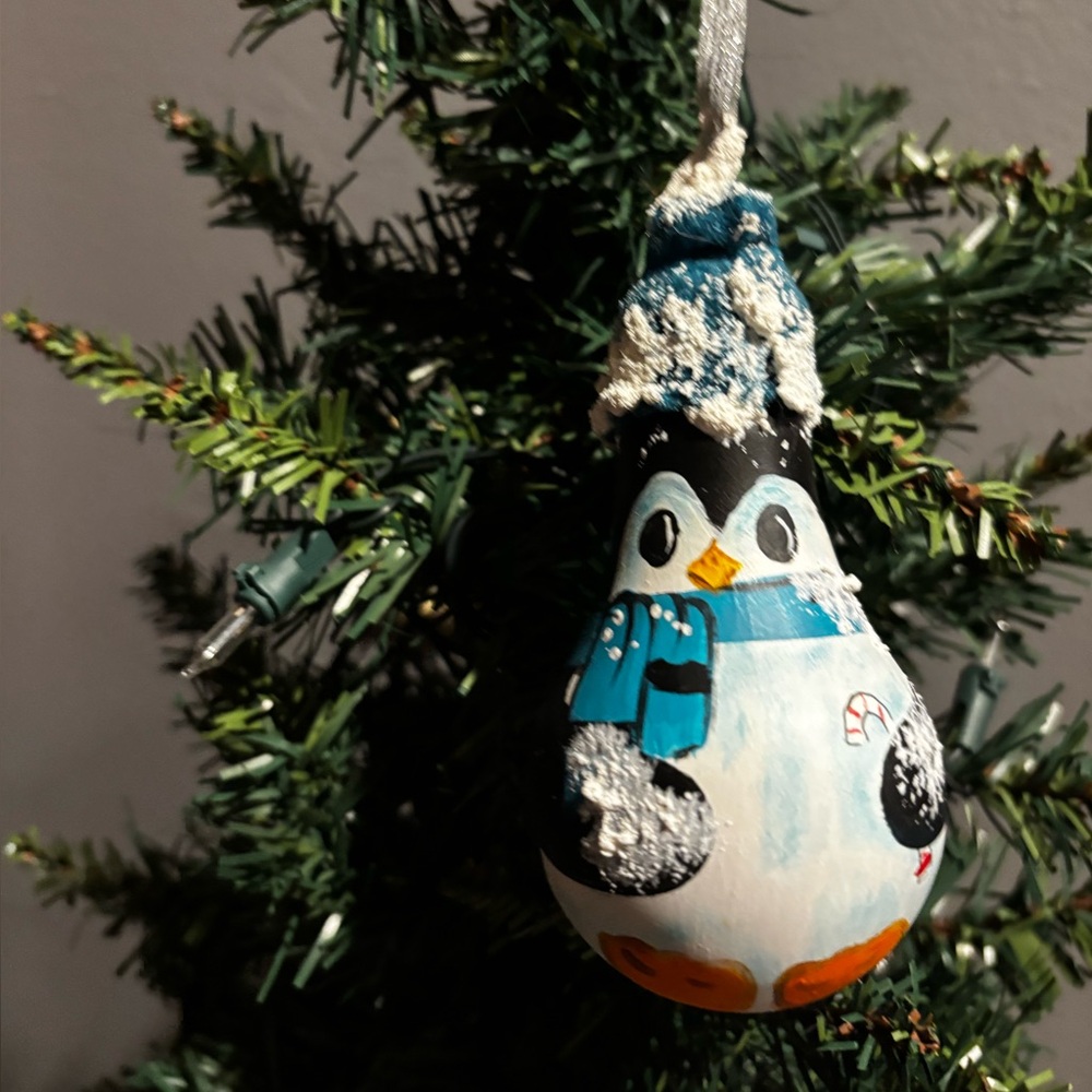 Free Gift bag. Festive Penguin Tree Ornament. Handcrafted from a light bulb